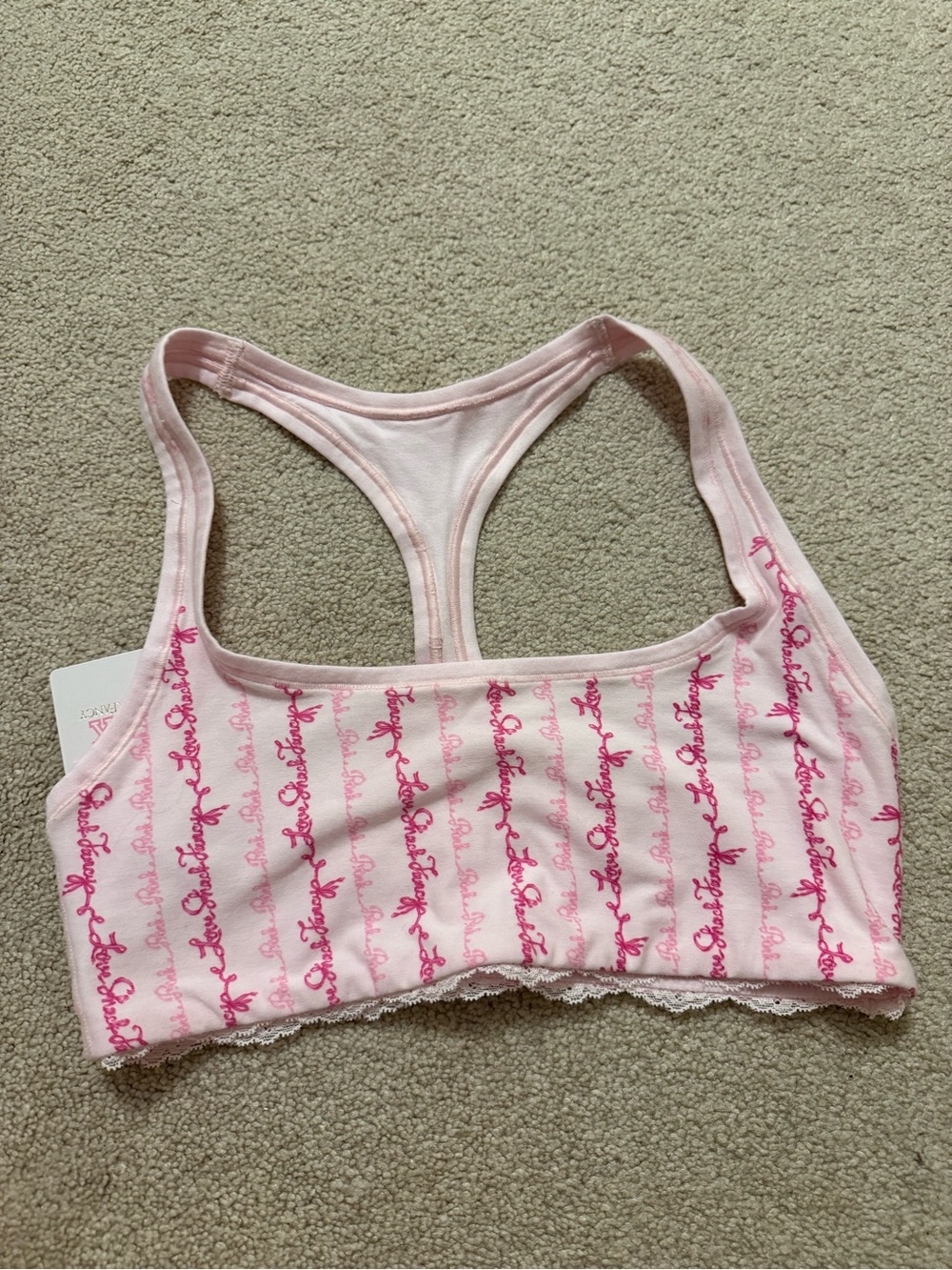 LoveShackFancy Pink Script Lace-Trim Racerback Bralette